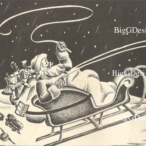 Illustrazione di Babbo Natale in slitta e renne in bianco e nero vintage degli anni '30, download digitale, clip art di immagini istantanee stampabili