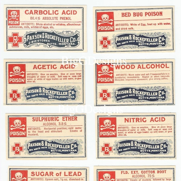Lot of eight vintage pharmacy drug store apothecary poison bed bug labels Halloween junk journal digital download printable instant image