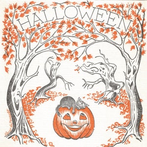 Vintage Halloween black cat pumpkin tree napkin digital download printable instant image clip art