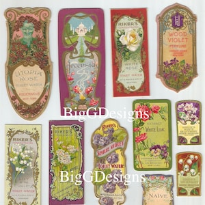 15 vintage toiletwater parfum geur extract gezichtspoeder Incensia violet New York labels digitale download afdrukbare illustraties