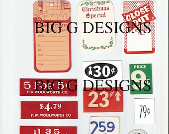 Tre pagine vintage prezzo di vendita tag adesivo Woolworth Mobili natalizi digitale download stampabile immagine istantanea clip art