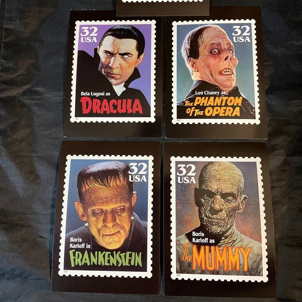 Five vintage 1997 United States Postal Service monster 32 cent stamp postcards Phantom Mummy Frankenstein Dracula Wolf Man