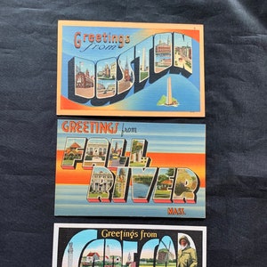 Lotto di tre cartoline postali di grandi dimensioni in lino, Boston, Cape Cod, Fall River, Massachusetts, Mass.