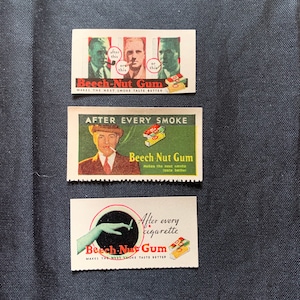 Lot von drei Vintage Bucheckern Gum Werbeplakat Aufkleber Stempel rauchen Zigarette