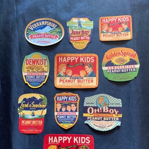 Lot of 10 vintage food peanut butter jar labels June Boy Happy Kids Verhampshire Golden Spread