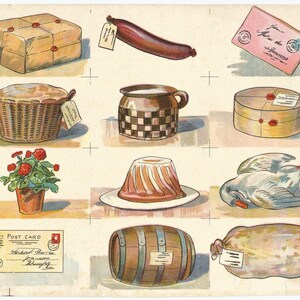 Cuatro páginas vintage Francés juego ilustración panadería pastelería chef tienda comestibles cartas descarga digital imagen instantánea imprimible clip art