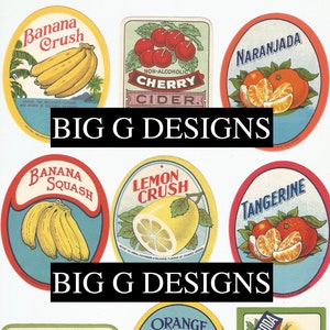 vintage fruit soda boisson boisson food labels vin banane orange citron cerise raisin téléchargement numérique imprimable instantané image clip art