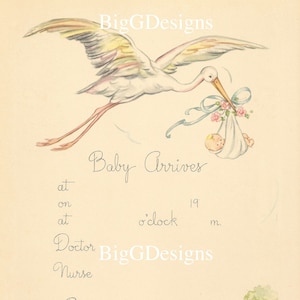 Pagina del libro dei ricordi del bambino d'epoca, annuncio di nascita della cicogna, download digitale, stampabile, immagine istantanea, clip art
