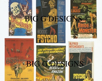 Könnte beinhalten: Eine Collage aus neun Vintage-Filmplakaten mit klassischen Horrorfilmen. Die Poster sind in verschiedenen Farben gehalten und zeigen ikonische Bilder aus den Filmen, wie zum Beispiel einen abgetrennten Kopf, ein riesiges Auge und eine Braut des Monsters. Die Poster stammen alle aus den 1950er und 1960er Jahren und sind ein großartiges Beispiel für das klassische Horrorgenre.