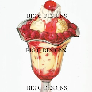 Jaren vijftig 1950 halverwege de eeuw gestanst diner restaurant eten reclame dessert bord frambozenroomijs sundae digitale download illustraties