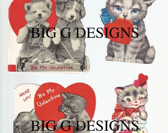 Vintage anthropomorphic valentines cat dog Valentine's Day cards digital download printable instant image