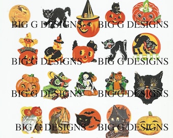 Vintage Halloween Sticker: Hexe, Katze, Kürbis Clip Art Digitaler Download