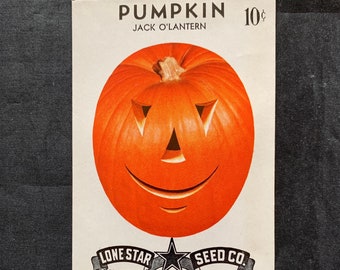 Vintage Halloween jack o' lantern pumpkin seed packet JOL Lone Star Seed Co. 1950s new old stock