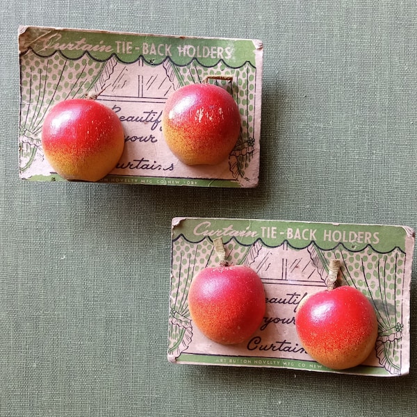 Four vintage wooden apple curtain drapery tie back holders hold backs Button Novelty Mfg.