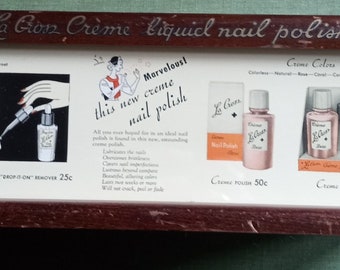 Vintage wooden La Cross Creme Liquid Nail Polish retail store advertising counter top display