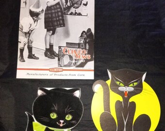 Lot of vintage Halloween ephemera black cat die cut flocked greeting card magazine cover illustration