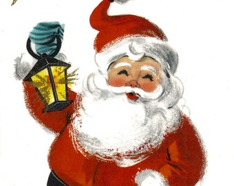 Vintage retro Santa Claus Christmas card lantern digital download printable instant image clip art
