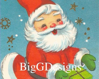 Retro Santa Christmas Card: Vintage Chimney Gift Image (Digital Download)