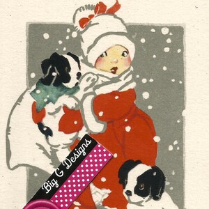 ヴィンテージ アールデコ クリスマス カード 女の子と犬の子犬 デジタル ダウンロード 印刷可能なインスタント画像 クリップ アート