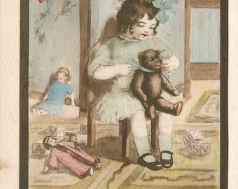 アンティークヴィンテージの子供のイラスト画像 女の子とテディベア