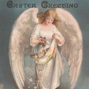 Vintage Easter greeting postcard angel flowers digital download printable instant image clip art