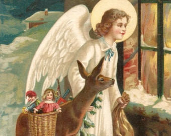 Antique 1909 Christmas postcard angel and deer digital download printable image clip art
