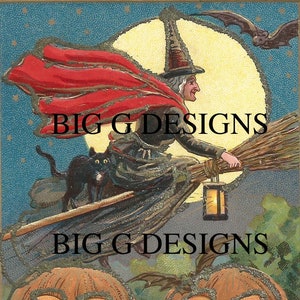 Postal antigua de Halloween, bruja, calabaza, linterna, gato negro, descarga digital, imagen instantánea imprimible, clip art