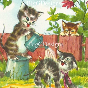 Cartão de aniversário vintage retrô gatinhos fofos gato banho regador balde download digital clip art para impressão