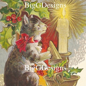 Postal vintage de gato de Feliz Navidad de 1912, descarga digital, imagen instantánea, clip art imprimible