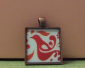 Handmade bezel necklace pendant keychain jewelry Pyrex Friendship pattern red bird