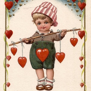 Vintage Saint Valentin carte postale mignon garçon avec coeurs téléchargement numérique image instantanée imprimable clipart