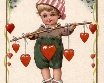 Vintage Valentine Postcard: Boy with Hearts (Digital Download