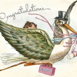 Carte de félicitations bébé vintage cigogne docteur téléchargement numérique image instantanée imprimable clipart