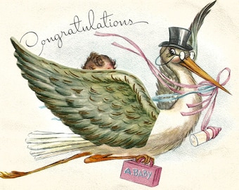 Vintage baby congratulations card stork doctor digital download printable instant image clip art