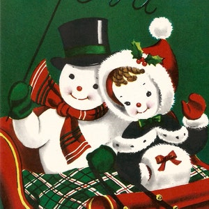 Vintage mid-century Christmas card cute snowman couple digital download printable image clip art