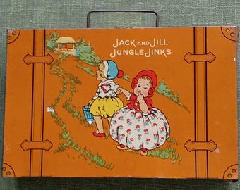 Maletín de juguete de hojalata litografiada vintage de Jack and Jill Jungle Jinks, California Perfume Co.