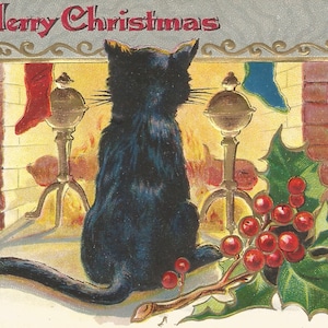 Cartolina d'epoca Buon Natale del 1912 con gatto nero e camino, download digitale, stampabile, immagine istantanea, clip art