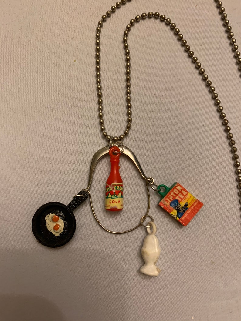 Vintage gum ball machine charm necklace pendant food groceries frying pan Royal Crown cola egg cup Lipton tea