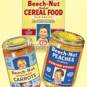 Etiquetas de produtos alimentícios para bebês com goma de noz de faia vintage para download digital, imagem instantânea para impressão, clip art