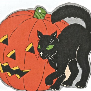 May include: A black cat with green eyes sits next to a carved orange pumpkin with a jack-o'-lantern face.