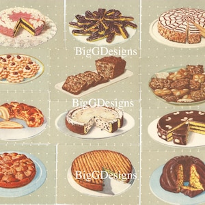 Vijf pagina's vintage bakken voedsel cake brood dessert gebak koekjes Duitse kookboek illustraties digitale download afdrukbare clip art