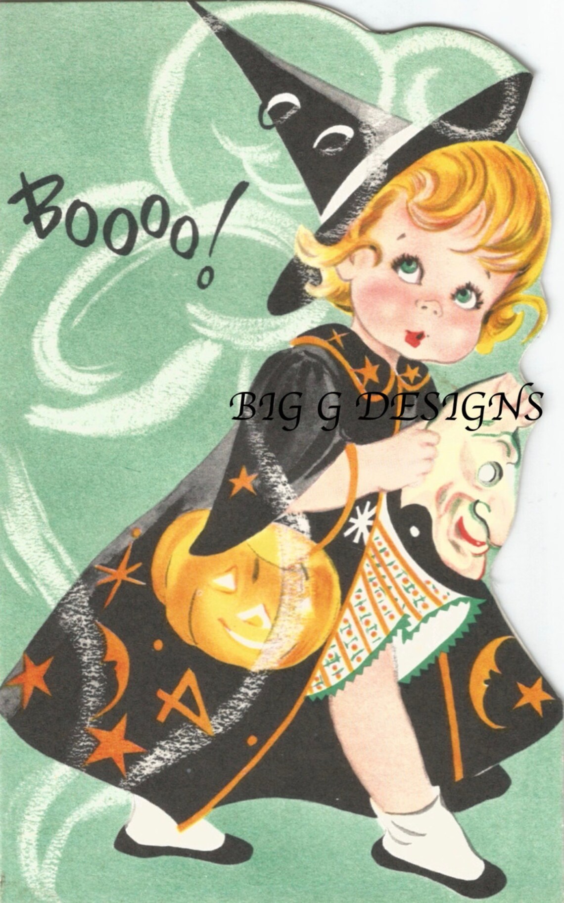 Vintage Halloween greeting card cute red head girl witch Boo | Etsy