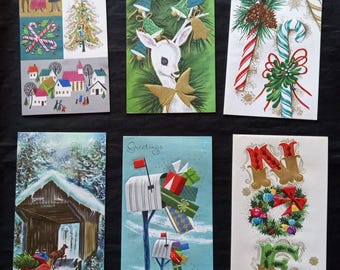 Lot of six vintage unused mid-century Christmas greeting cards with envelopes