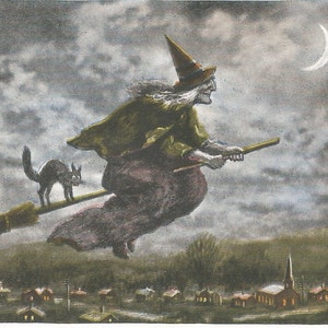 Vintage Halloween Salem Mass. sorcière sur balai chat noir illustration téléchargement numérique image imprimable clipart