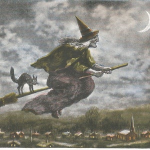 Vintage Halloween Salem Mass. witch on broom black cat illustration digital download printable image 300 dpi