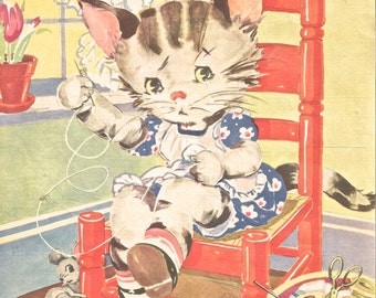 Vintage Ruth Newton children's book illustration sewing cat in chair digital download clip art 300 dpi