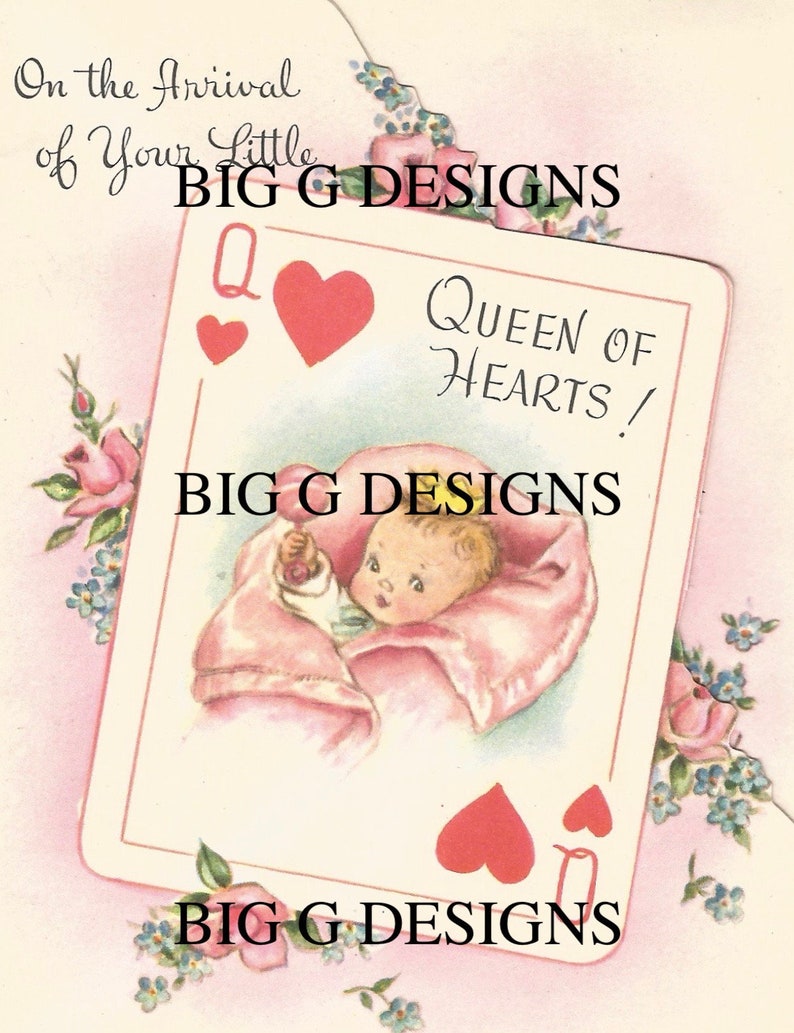 Vintage baby card girl birth announcement Queen of Hearts Etsy