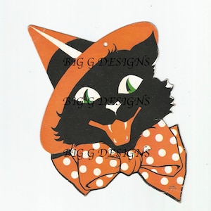 Vintage Halloween black cat die cut bow tie hat digital download printable instant image clip art