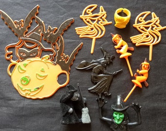 Destash lot vintage Halloween witch cake picks toppers whistle finger puppet plastic ring