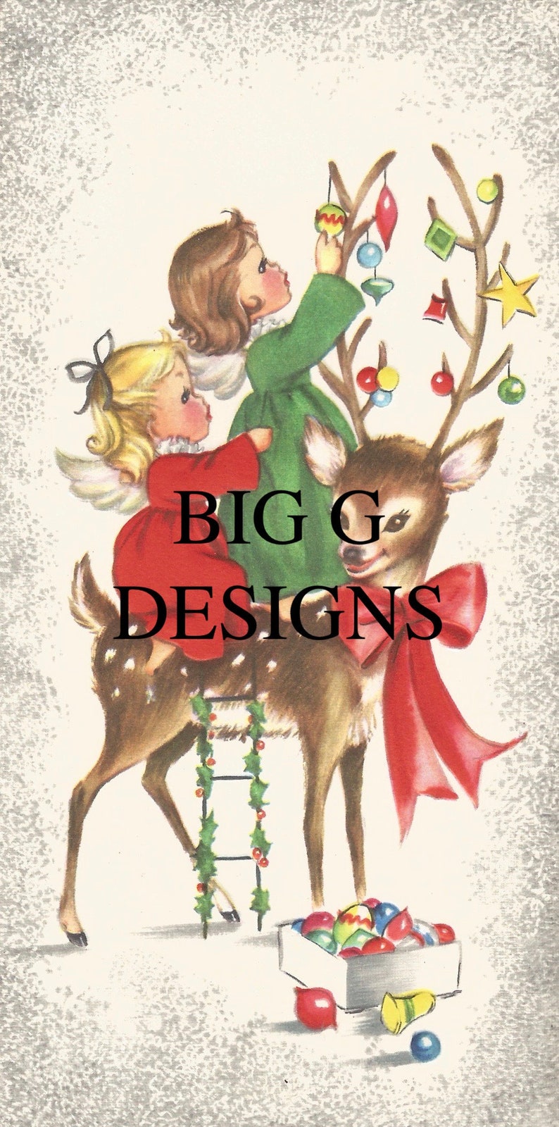 Vintage Christmas angel deer greeting card digital download printable instant image clip art